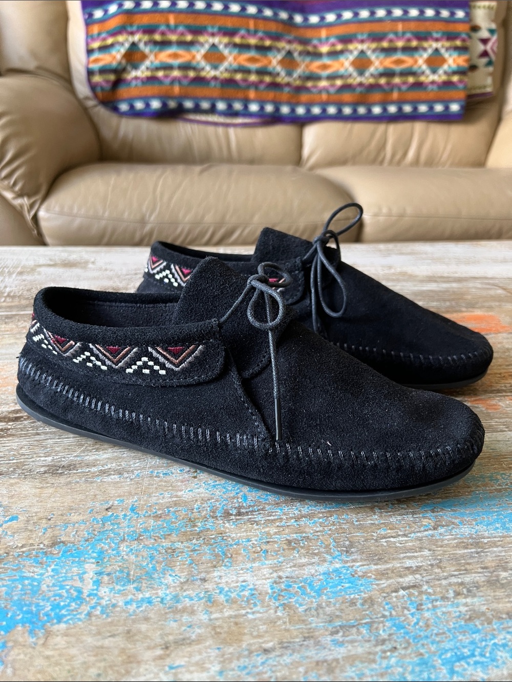 Minnetonka Black Suede Moccasin Lace-Up Shoes with Aztec Trim